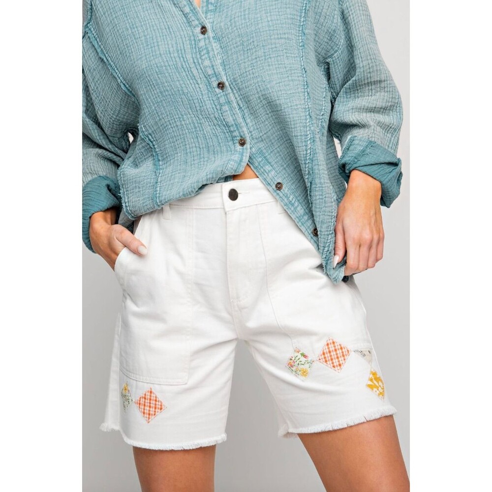 easel White Patchwork Gingham Embroidered Jean Shorts